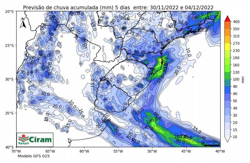 Previs&atilde;o de chuva entre os dias 30 de novembro e 4 de dezembro. – Foto: Epagri Ciram