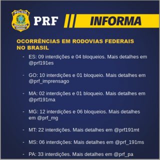 Interdições nas Rodovias Federais, de acordo com a PRF