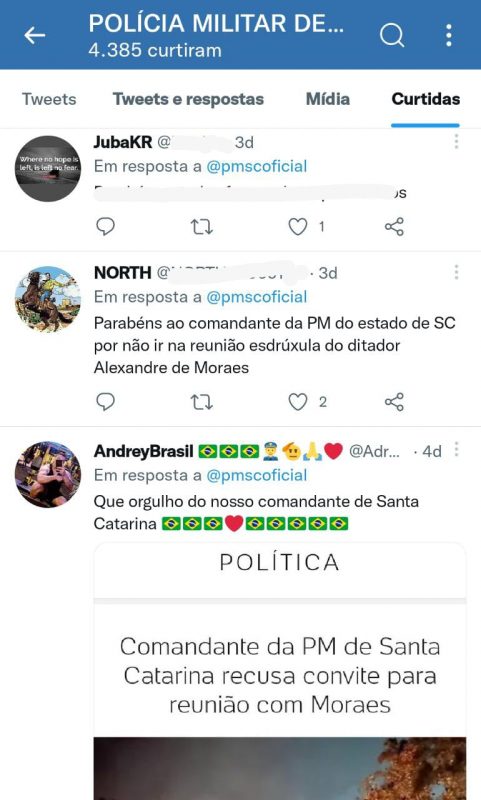 Duas publica&ccedil;&otilde;es foram curtidas pelo perfil oficial da PMSC – Foto: Reprodu&ccedil;&atilde;o/@pmscoficial/ND