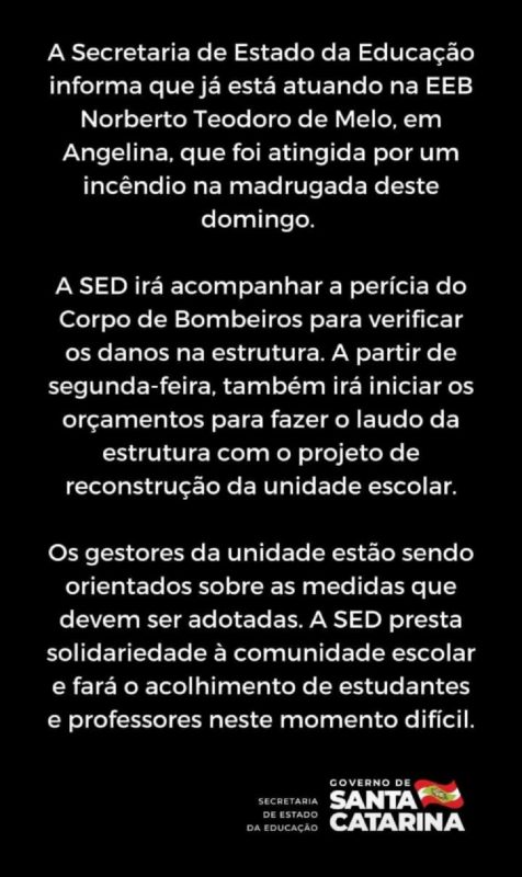 Comunicado sobre o inc&ecirc;ndio na escola em Angelina – Foto: Reprodu&ccedil;&atilde;o