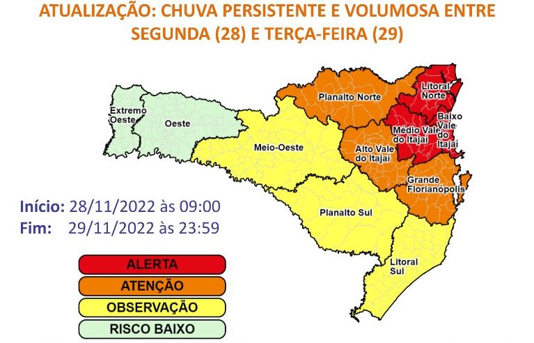 Defesa Civil emitiu um alerta para chuva persistente nesta segunda (28) e terça-feira (29)