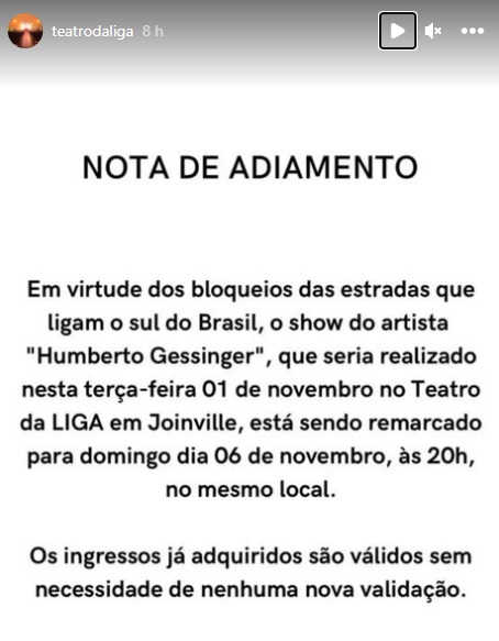 nota sobre adiamento do show