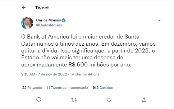 Governador fez o anuncio pela rede social – Foto: @CarlosMoises/Twitter/Divulga&ccedil;&atilde;o/ND