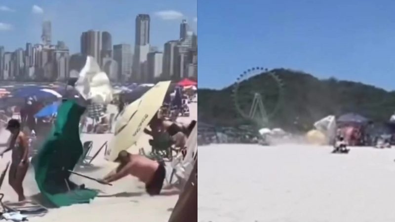 Vento forte pega banhistas de surpresa em praia de Balne&aacute;rio Cambori&uacute; – Foto: Via @bcm1lgr4u/Reprodu&ccedil;&atilde;o/ND