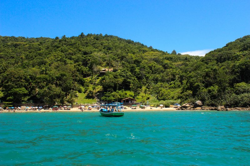 Praia do Estaleiro, em Porto Belo, vista do mar; local registrou aparições de golfinhos