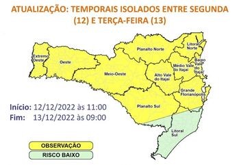 Mapa mostra alerta de temporais em Santa Catarina – Foto: Defesa Civil SC/Divulga&ccedil;&atilde;o/ND