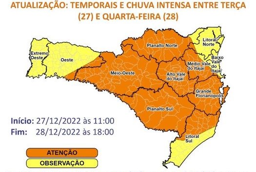 Ocorr&ecirc;ncias de temporais, chuva intensa alagamentos e enxurrada &eacute; alto nas &aacute;reas laranja e moderado nas &aacute;reas em amarelo. – Foto: Defesa Civil/Divulga&ccedil;&atilde;o/ND