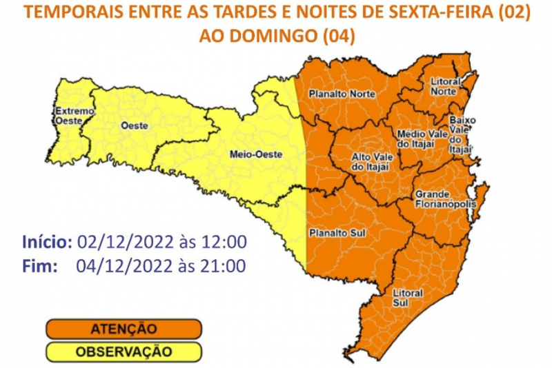 Imagem mostra o mapa de Santa Catarina node metade está em laranja representando atenção para ocorrências de temporais e outra parte do Oeste em observação sendo amarela