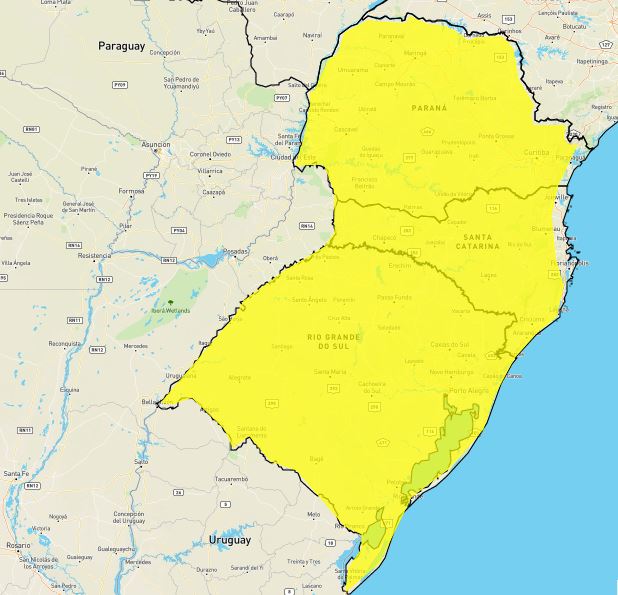 Área em amarelo tem aviso para onda de calor a partir desta quarta-feira (7) – Foto: Inmet/Reprodução/ND