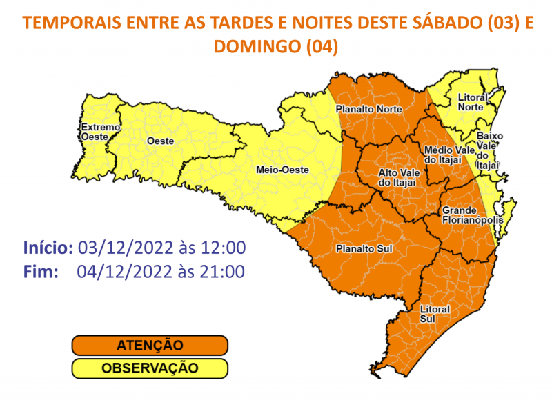 O risco é alto para temporais nas áreas em laranja no mapa. Defesa Civil/Divulgação/ND