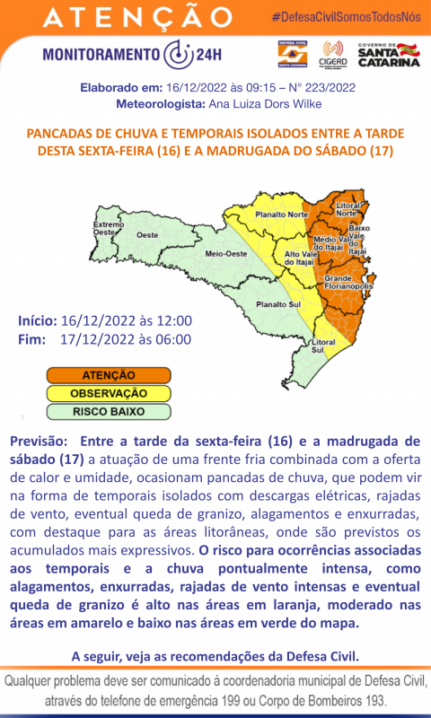 Alerta para a possibilidade de pancadas de chuvas e temporais isolados entre a tarde desta sexta-feira (16) – Foto: Divulga&ccedil;&atilde;o/Defesa Civil/ND