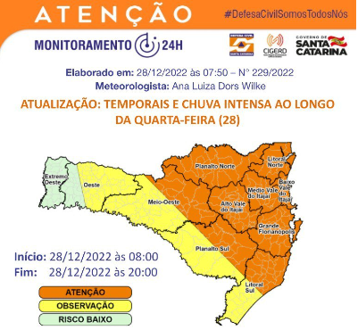 Defesa Civil emitiu alerta para ocorr&ecirc;ncias relacionadas &agrave; chuva em Itaja&iacute; – Foto: Reprodu&ccedil;&atilde;o/Defesa Civil
