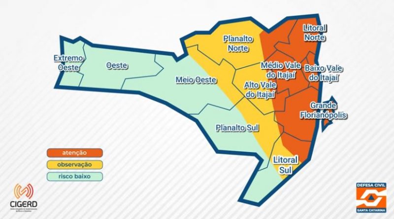 Mapa mostra regi&otilde;es com maior probabilidade de fen&ocirc;menos clim&aacute;ticos – Foto: Reprodu&ccedil;&atilde;o/Defesa Civil SC/ND