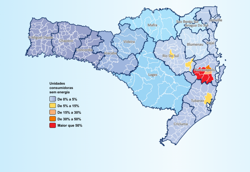 Em decorr&ecirc;ncia das fortes chuvas na regi&atilde;o da Grande Florian&oacute;polis, muitas unidades consumidoras ficaram sem energia el&eacute;trica na manh&atilde; desta quinta-feira (1&ordm;) – Foto: Celgeoweb/Divulga&ccedil;&atilde;o/ND