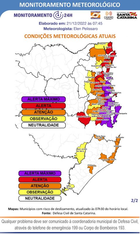 Nos munic&iacute;pios em roxo h&aacute; risco m&aacute;ximo para deslizamentos, segundo classifica&ccedil;&atilde;o da Defesa Civil – Foto: Defesa Civil