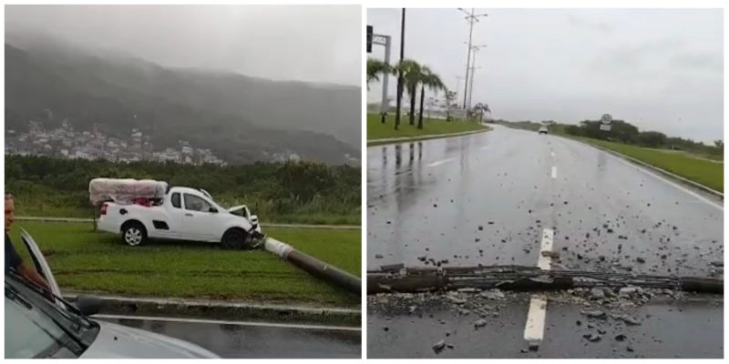 Segundo a GMF, por volta das 9h20, uma grave colis&atilde;o na Via Expressa Sul no sentido bairro, fez com que um poste ca&iacute;sse sobre a via e deixou o tr&acirc;nsito interrompido neste trecho. – Foto: GMF/Divulga&ccedil;&atilde;o/ND