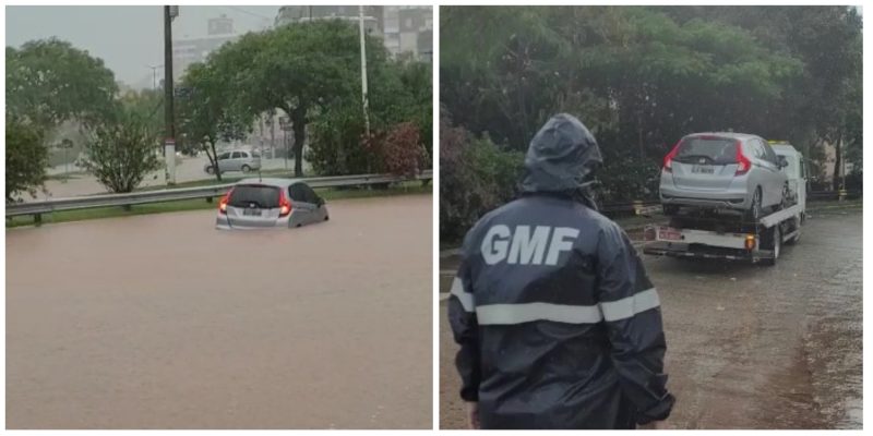 V&aacute;rias ruas de Florian&oacute;polis acumularam &aacute;gua, deixando ao menos um ve&iacute;culo ilhado com a motorista e uma crian&ccedil;a no interior esperando por socorro. – Foto: GMF/Divulga&ccedil;&atilde;o/ND