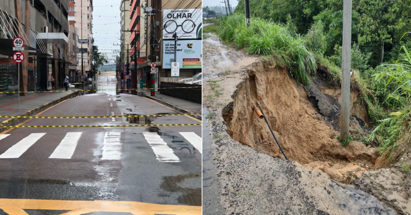 Chuva provoca inunda&ccedil;&otilde;es, deixa fam&iacute;lias desalojadas e cancela aulas no Sul de SC – Foto: Montagem/ND