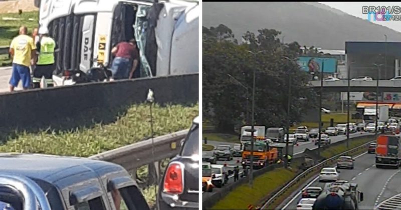 Carreta tomba em Navegantes e congestiona tr&acirc;nsito at&eacute; Balne&aacute;rio Cambori&uacute; – Foto: Reprodu&ccedil;&atilde;o/ND