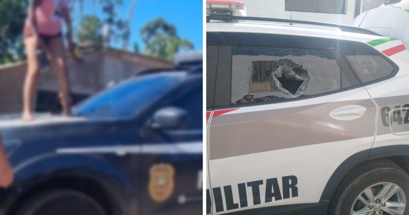 Mulher chegou a subir em cima de viatura e filha tacou pedra em carro da Pol&iacute;cia Militar – Foto: Pol&iacute;cia Militar/Divulga&ccedil;&atilde;o