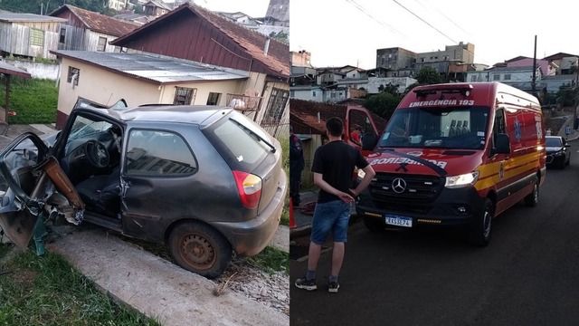 O homem ficou ferido ap&oacute;s colidir no port&atilde;o de uma casa em Curitibanos. &mdash; Foto: Corpo de Bombeiros/ND