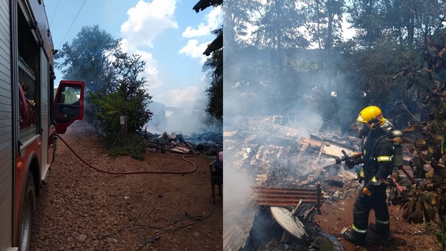 A casa ficou destru&iacute;da pelo inc&ecirc;ndio em Chapec&oacute;. &mdash; Foto: Corpo de Bombeiros/ND