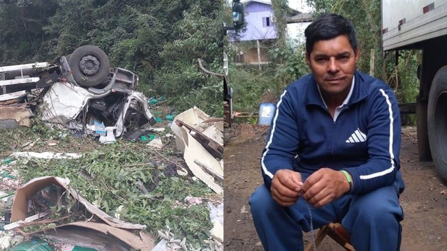 O motorista do caminh&atilde;o foi encontrado j&aacute; sem vida no caminh&atilde;o em Arvoredo. &mdash; Foto: Corpo de Bombeiros/Internet/Reprodu&ccedil;&atilde;o/ND