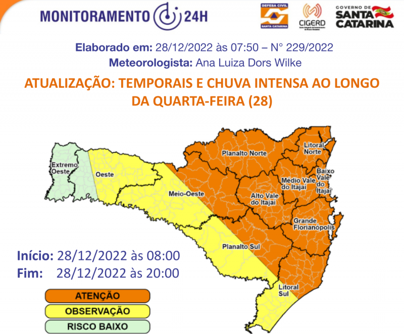 Regi&otilde;es em laranja tem alto risco para ocorr&ecirc;ncias associadas aos temporais – Foto: Reprodu&ccedil;&atilde;o/Defesa Civil/ND