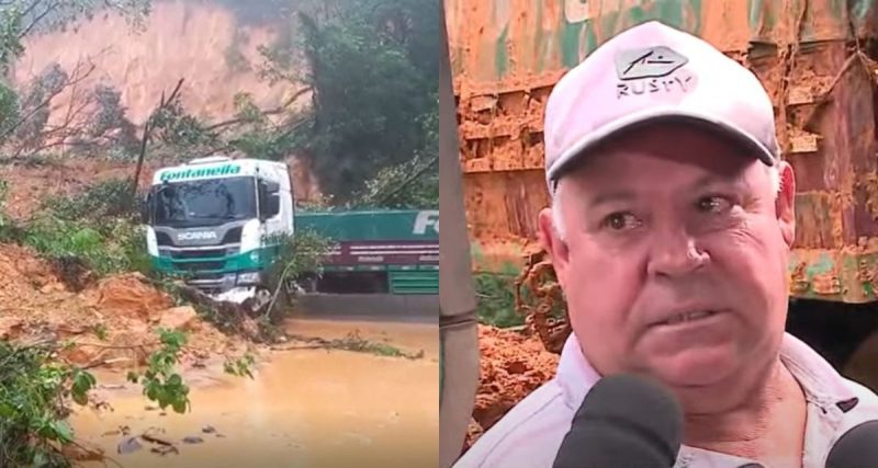 Caminhoneiro se emocionou ao reencontrar caminh&atilde;o ap&oacute;s deslizamento – Foto: Tiago Silva/ RICtv
