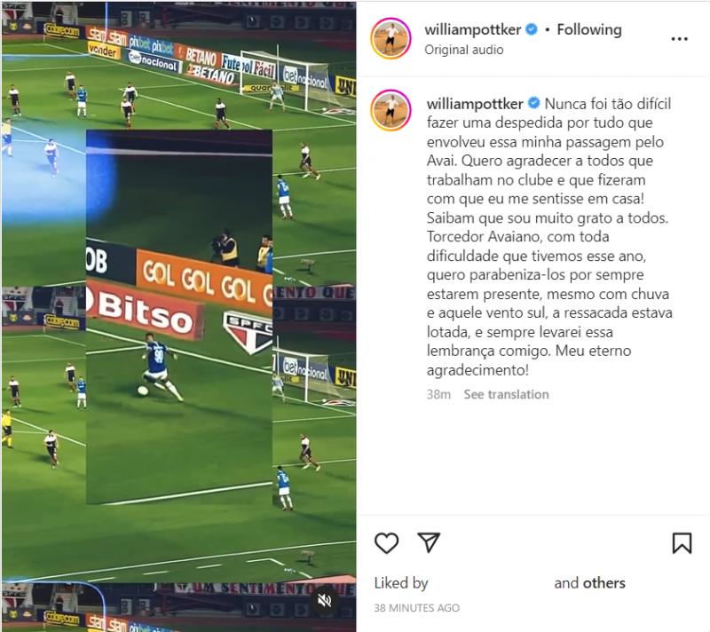 William Pottker se despede oficialmente do Ava&iacute; – Foto: Reprodu&ccedil;&atilde;o/Instagram/ND