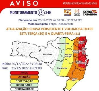 Defesa Civil Santa Catarina - OBSERVAÇÃO - 14/01 20:40 - CHUVA PERSISTENTE  de intensidade moderada para as regiões do Litoral Norte, Grande  Florianópolis e Baixo Vale do Itajaí nas próximas 3 horas. Ocorrências  ligue 199 ou 193.