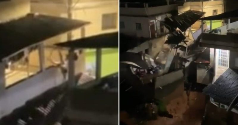 V&iacute;deo flagra jovem saltando da sacada da casa, momentos antes do desabamento – Foto: Reprodu&ccedil;&atilde;o