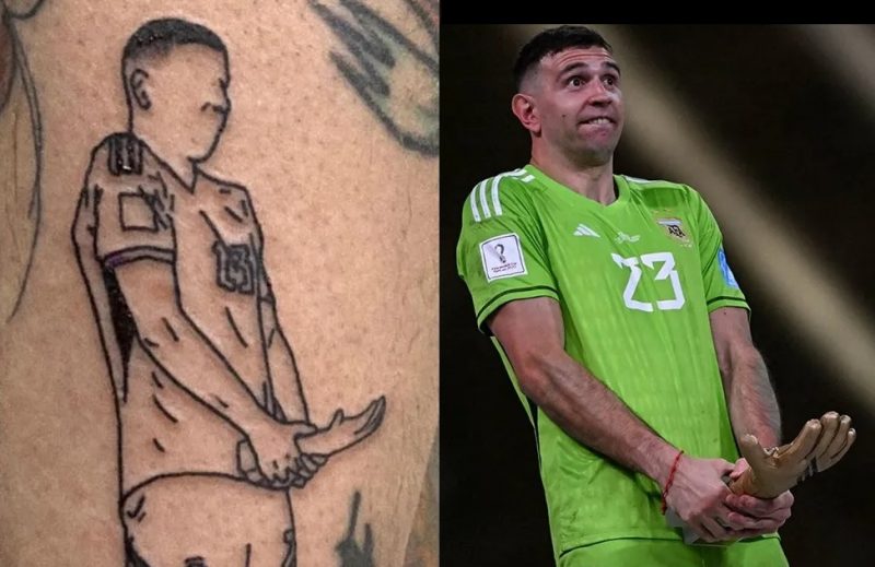 Torcedor fez tatuagem imitando gesto pol&ecirc;mico de Dibu Mart&iacute;nez – Foto: Reprodu&ccedil;&atilde;o/Internet/ND