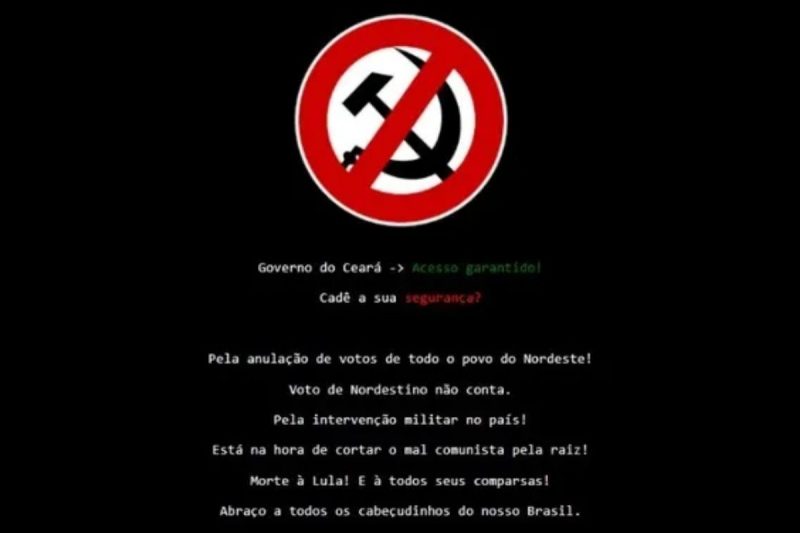 Hackers deixaram mensagens de &oacute;dio no site do Governo do Estado do Cear&aacute; – Foto: Reprodu&ccedil;&atilde;o/Internet/ND