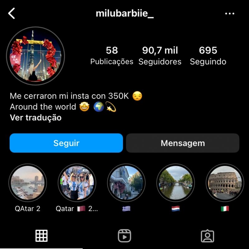 Novo instagram de Milu que revela o fechamento de sua conta maior – Foto: Instagram/Divulga&ccedil;&atilde;o/ND