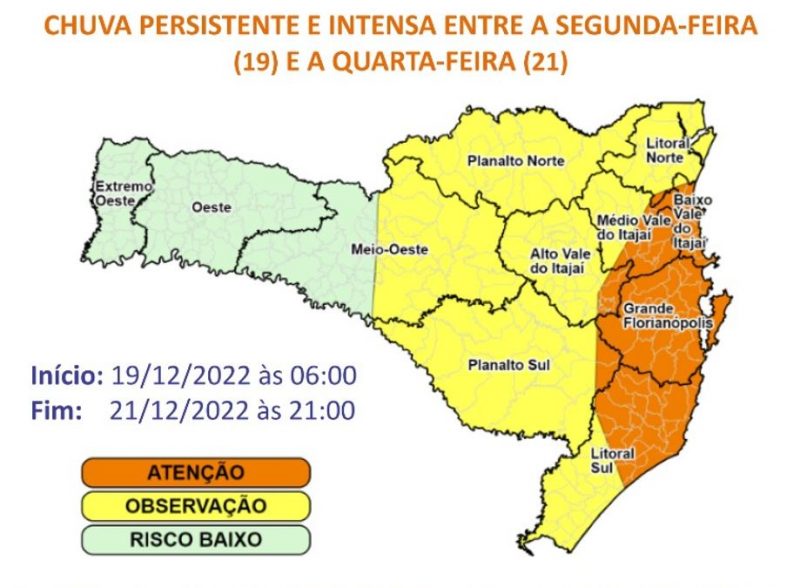Regi&otilde;es em laranja tem alto risco de ocorr&ecirc;ncias como enxurradas e alagamentos a partir de segunda-feira – Foto: DCSC/Divulga&ccedil;&atilde;o/ND