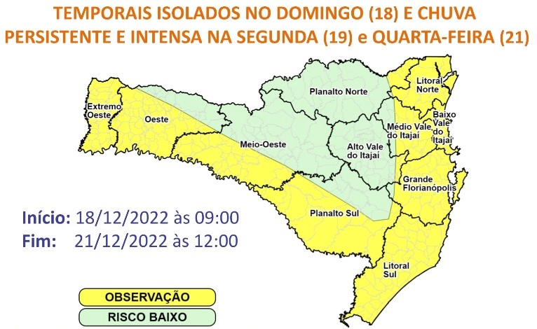 Tempo inst&aacute;vel e com pancadas de chuva devem permanecer no Estado at&eacute; quarta-feira (21) – Foto: Divulga&ccedil;&atilde;o/Defesa Civil de SC/ND