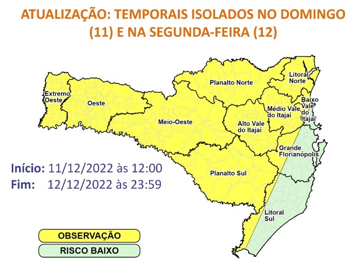SC tem alerta para chuva intensa com risco de temporais neste domingo; veja mapa – Foto: Divulga&ccedil;&atilde;o/DCSC/ND