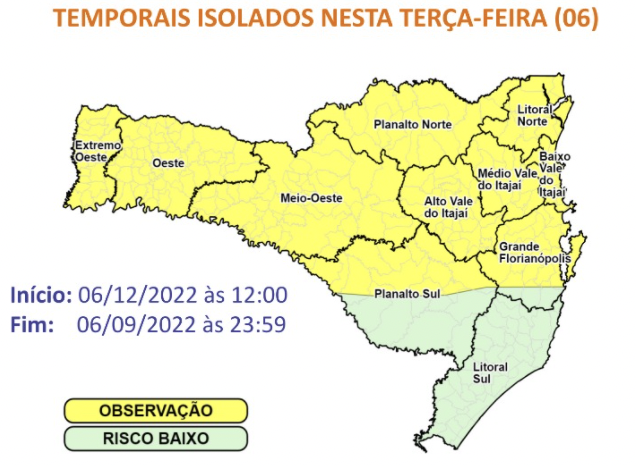 Conforme a Defesa Civil, nas áreas em verde o risco é considerado baixo – Foto: Defesa Civil de Santa Catarina/Divulgação/ND
