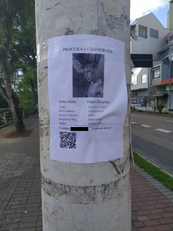 ‘Procura-se namorada’: jovem cola cartazes em postes de Blumenau em busca de um novo amor – Foto: Gabriela Vissozi/Reprodu&ccedil;&atilde;o/ND