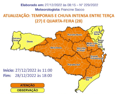 Santa Catarina tem alerta de temporais entre terça e quarta-feira (27 e 28) – Foto: Defesa Civil/Divulgação/ND