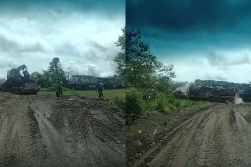 Infelizmente, trem passou no local enquanto o caminh&atilde;o estava enroscado nos trilhos – Foto: Reprodu&ccedil;&atilde;o/Internet/ND