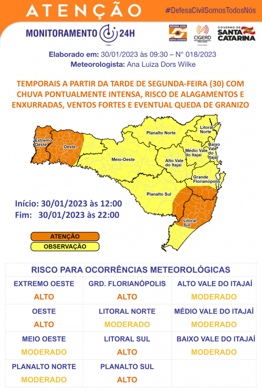 As regi&otilde;es que exigem maior aten&ccedil;&atilde;o s&atilde;o: Litoral Sul, Oeste e Extremo Oeste de Santa Catarina, Grade Florian&oacute;polis e Planalto Sul. – Foto: Defesa Civil/Divulga&ccedil;&atilde;o/ND