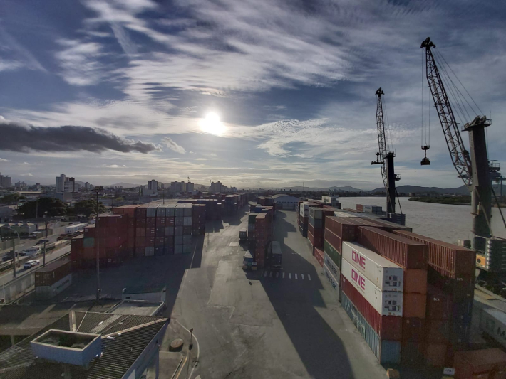 Itajaí port with containers in the bay on a sunny day