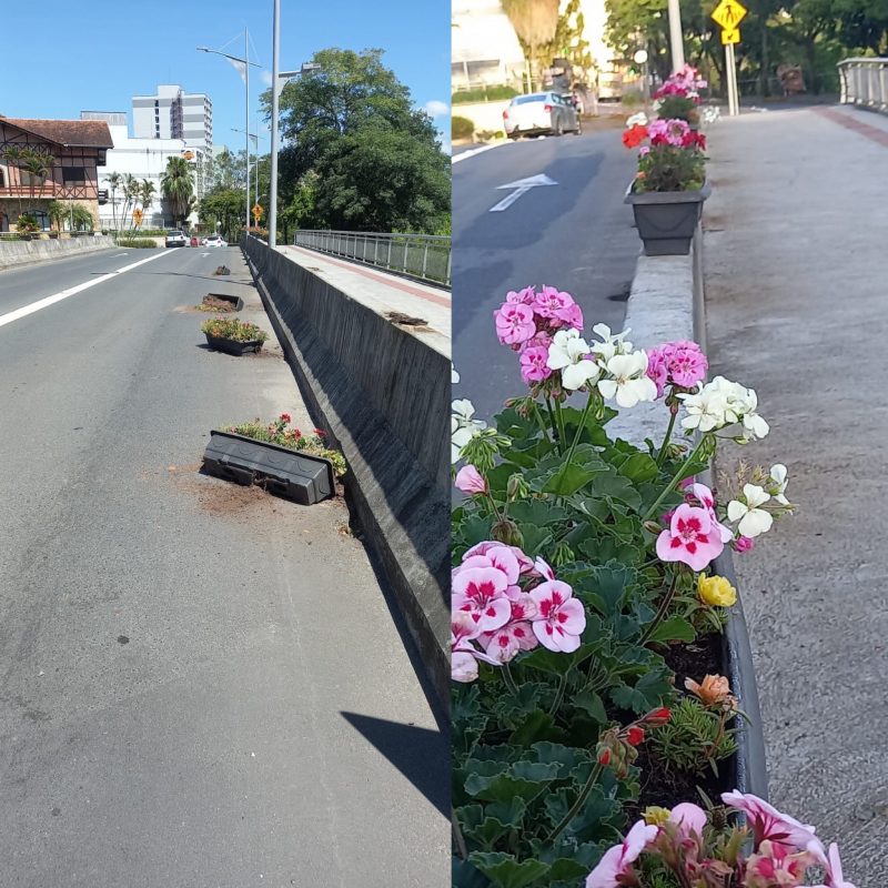 Ponte no in&iacute;cio da Avenida Beira-Rio, no Centro de Blumenau, foi alvo de vandalismo – Foto: Divulga&ccedil;&atilde;o/ND