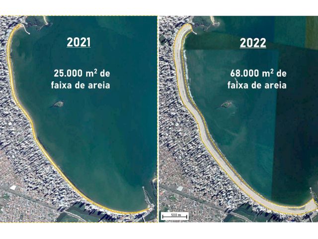 An&aacute;lise de imagens de sat&eacute;lite mostram que, al&eacute;m de espa&ccedil;o, faixa de areia ganhou horas de insola&ccedil;&atilde;o – Foto: Google Earth/Epagri/Ciram/Divulga&ccedil;&atilde;o/ND