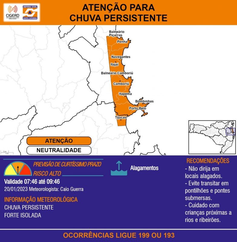 Cambori&uacute; est&aacute; em estado de aten&ccedil;&atilde;o por conta da chuva desta sexta-feira – Foto: Secom Cambori&uacute;/Reprodu&ccedil;&atilde;o