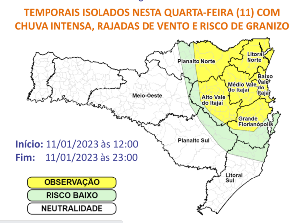 Parte em amarelo do mapa está classificada com risco moderado para ocorrências relacionadas ao tempo &#8211; Foto: Defesa Civil/Divulgação/ND