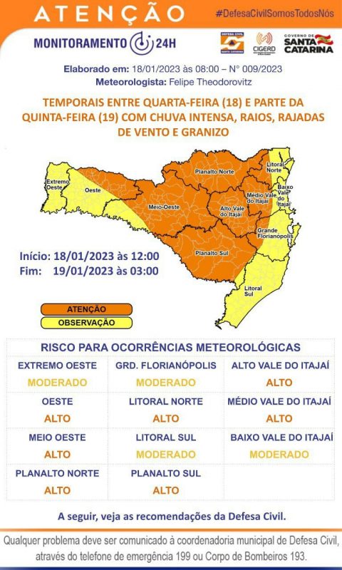 Alerta para temporais vale para todo Estado de Santa Catarina – Foto: Secom Brusque/Divulga&ccedil;&atilde;o