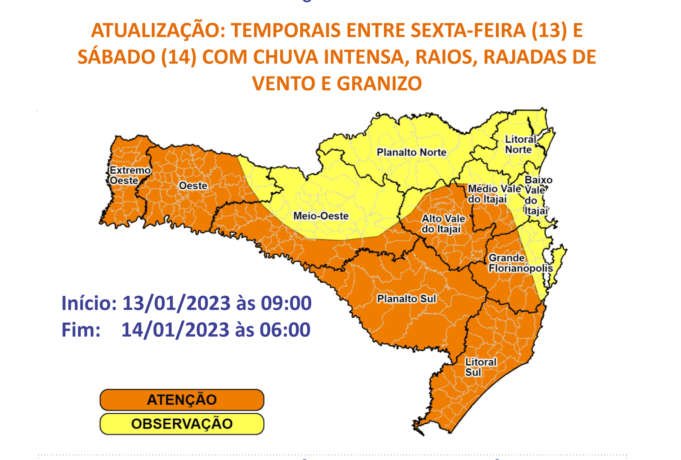 Parte em laranja está classificada com risco alto para ocorrências relacionadas ao tempo &#8211; Foto: Defesa Civil/Divulgação/ND